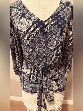 Womens Navy and Cream bohemian style Pattern, cinched waist, long sleeve,